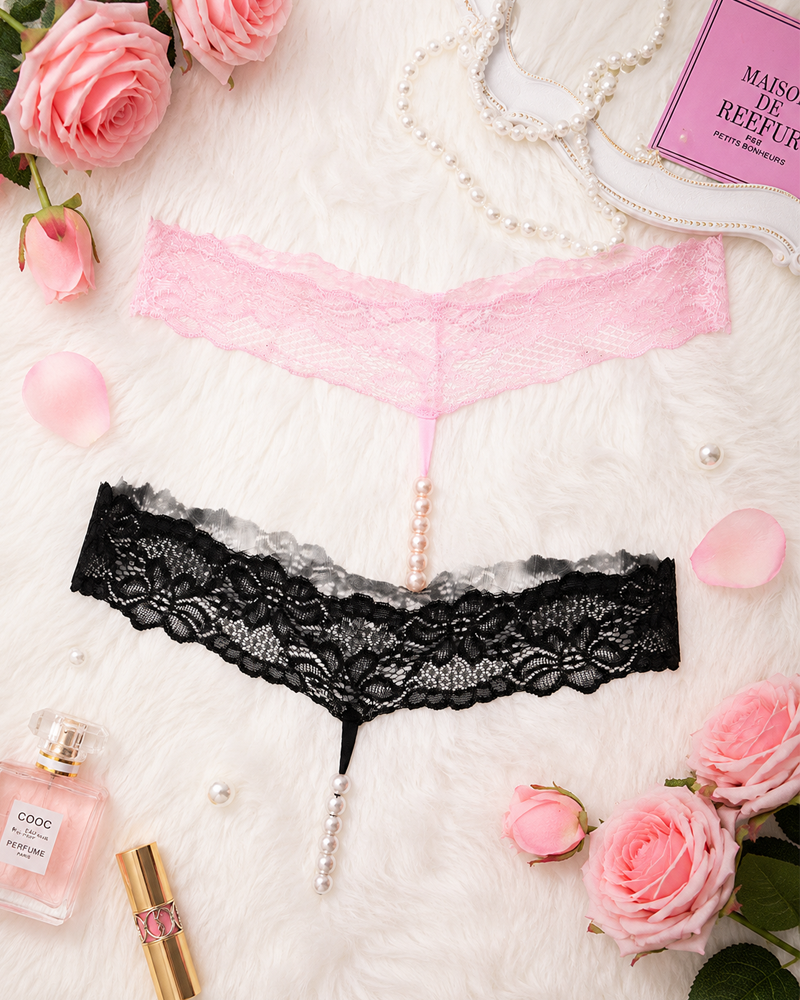 Pearl Decor See-Through Lace Thong
