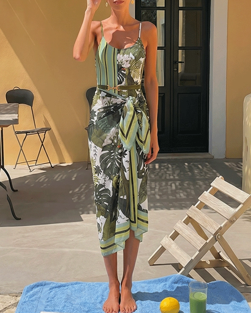 Adjustable shoulder straps Green Print Swimsuit Set