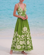 V Neck Ruffle Green Retro Printed Swimsuit Set