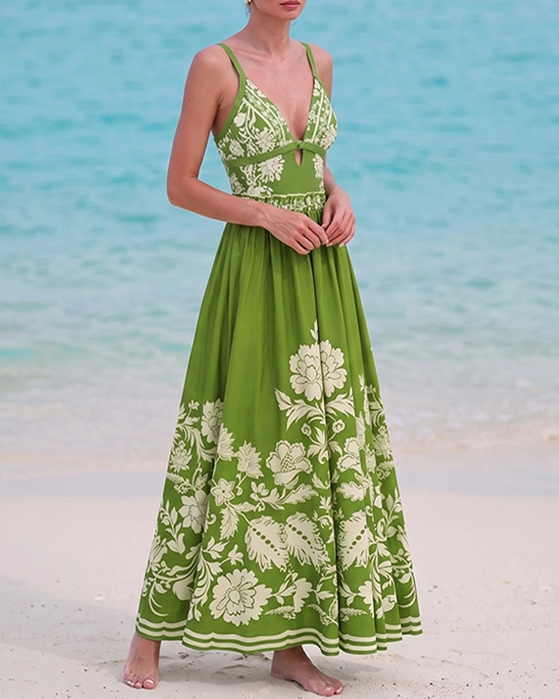 V Neck Ruffle Green Retro Printed Swimsuit Set