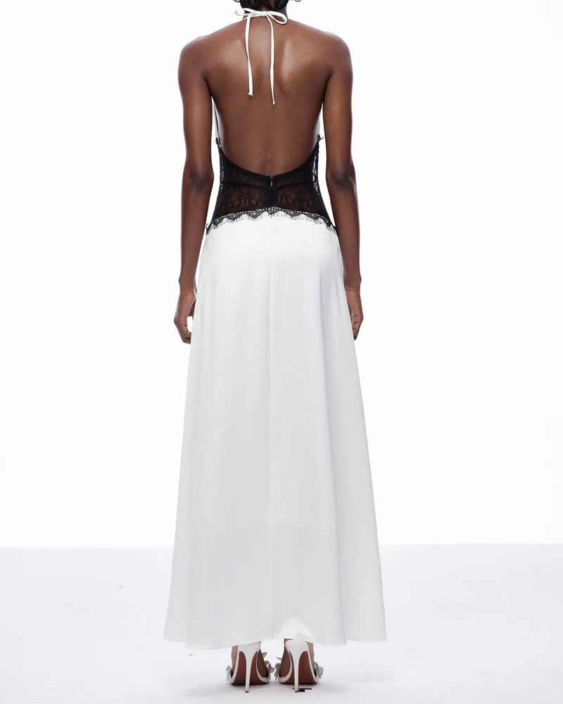 Elegant V-Neck Halter Lace and Satin Patchwork Maxi Dress