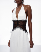Elegant V-Neck Halter Lace and Satin Patchwork Maxi Dress