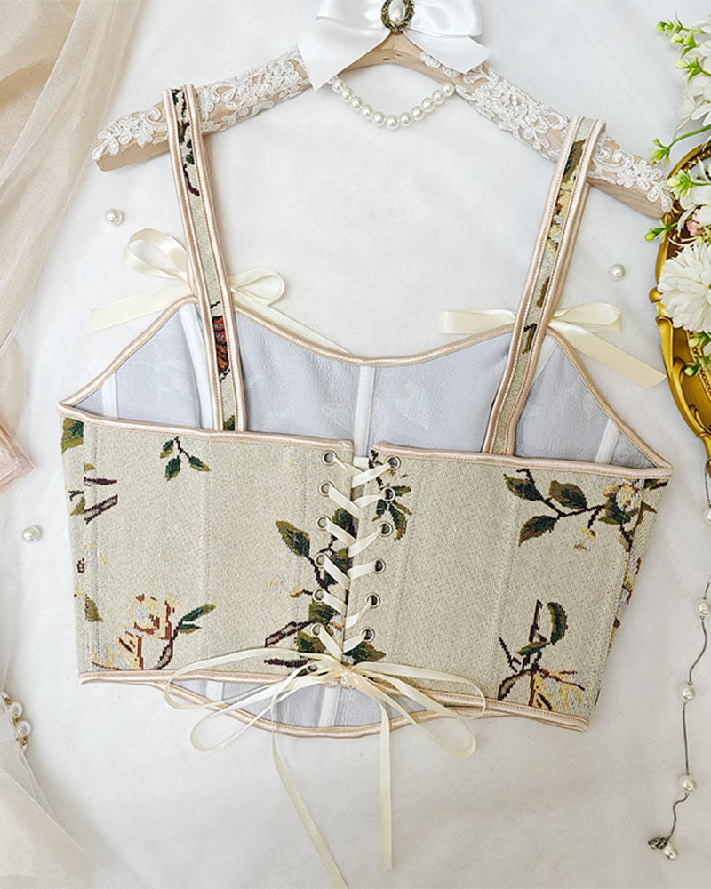 French Style Bow Lace-Up Floral Sexy Body Shaper Women's Sling Printed Slim-Fit Vest Corset