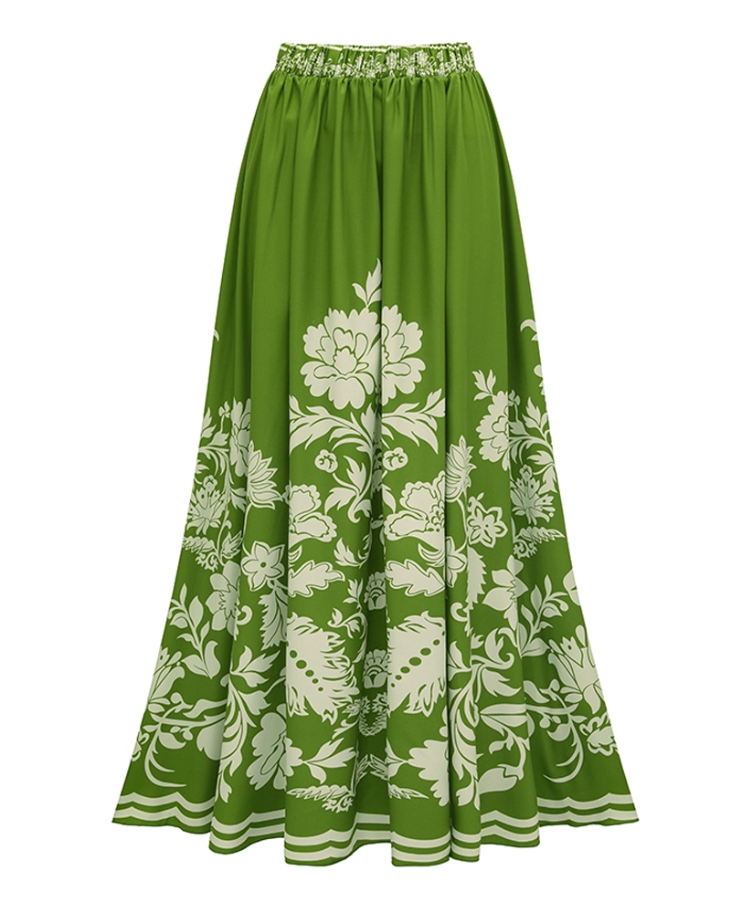V Neck Ruffle Green Retro Printed Swimsuit Set