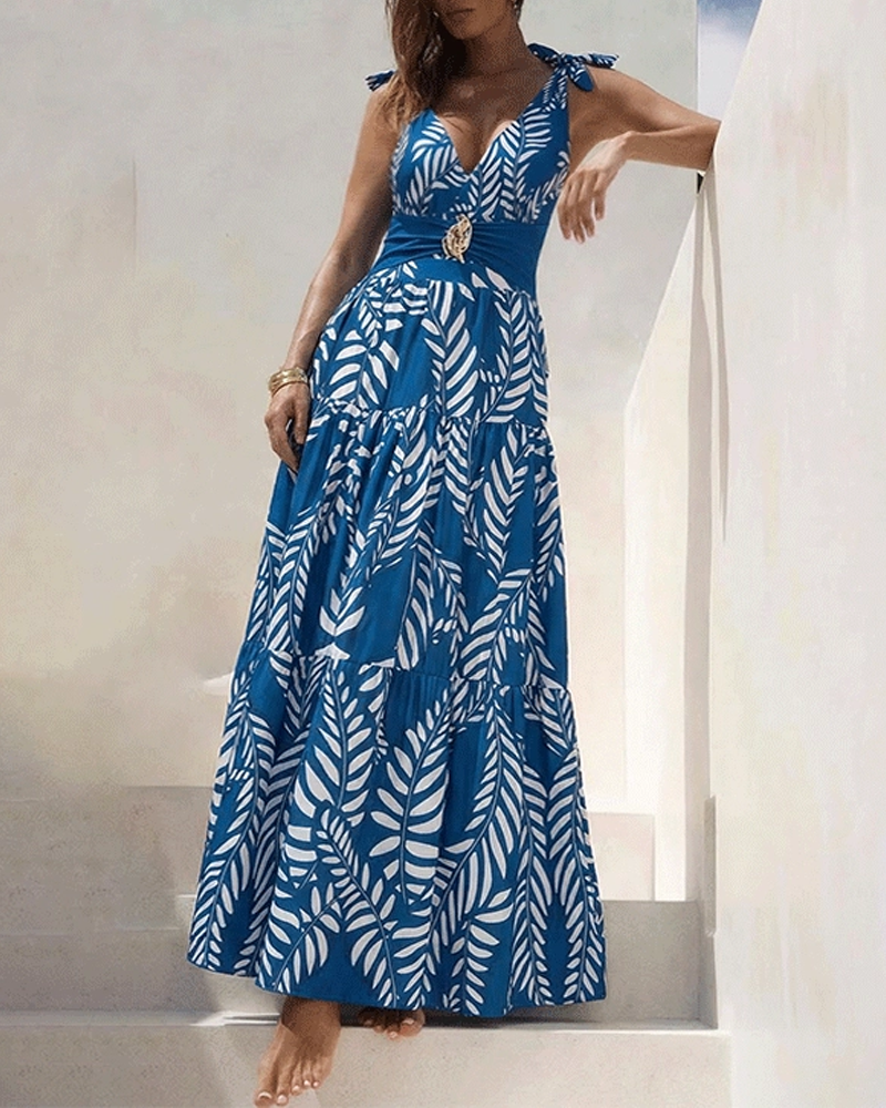 Sling Blue Tassel Leaves Print Cut Out Swimsuit Set
