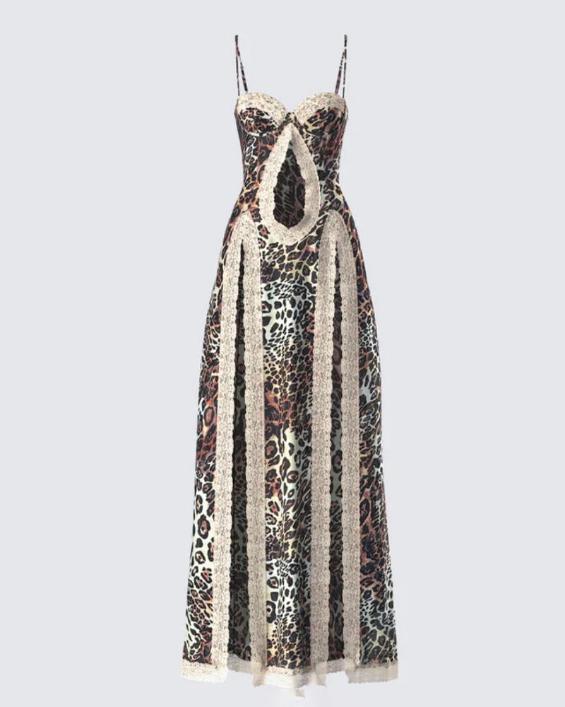 Sexy Leopard Print Strappy Lace Patchwork Slit Crop Dress