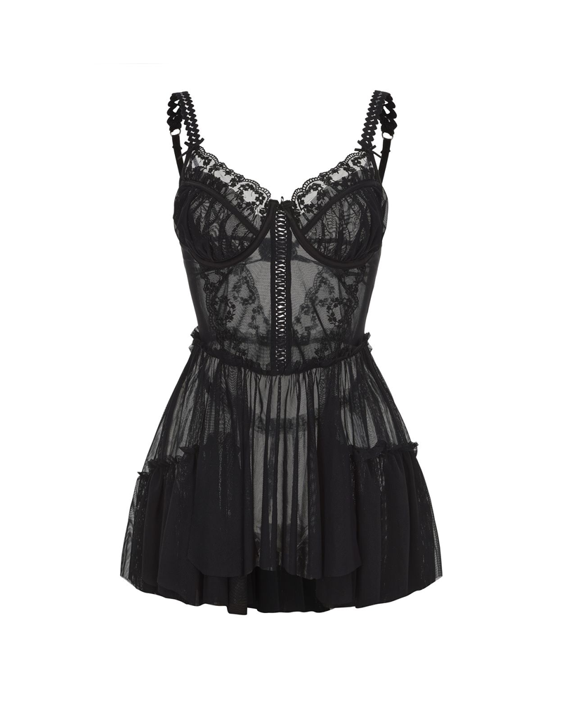 Underwire Push-Up Mesh Lace Spliced Fitted Nightgown