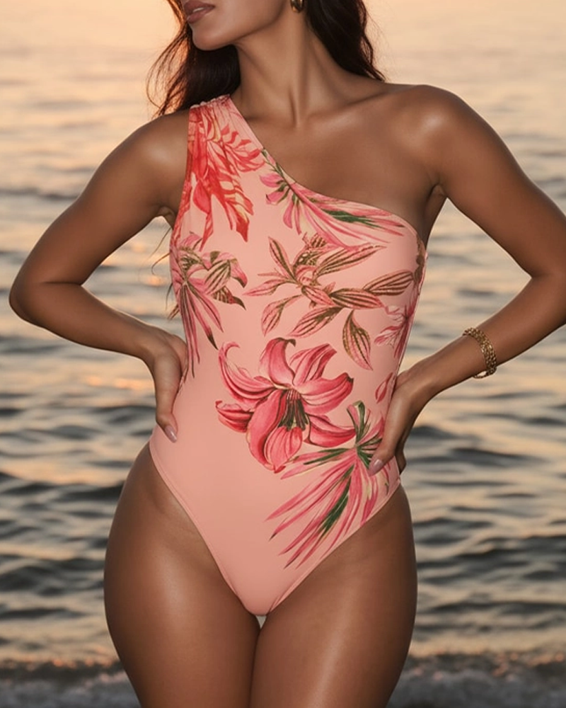 Sexy Pink Lily Print Swimsuit Set