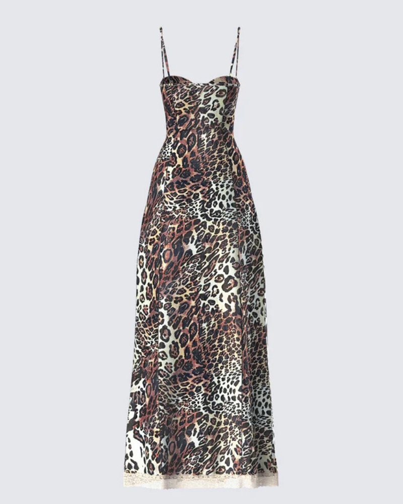 Sexy Leopard Print Strappy Lace Patchwork Slit Crop Dress