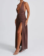 Deep V Neck Backless Ruched Split Thigh White Halter Vacation Dress