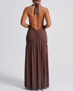 Deep V Neck Backless Ruched Split Thigh White Halter Vacation Dress