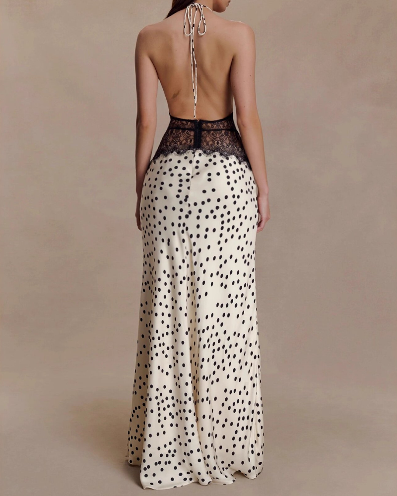 Elegant V-Neck Halter Lace and Satin Patchwork Maxi Dress