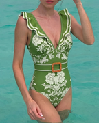V Neck Ruffle Green Retro Printed Swimsuit Set