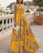 V Neck Yellow Plant Print Swimsuit Set