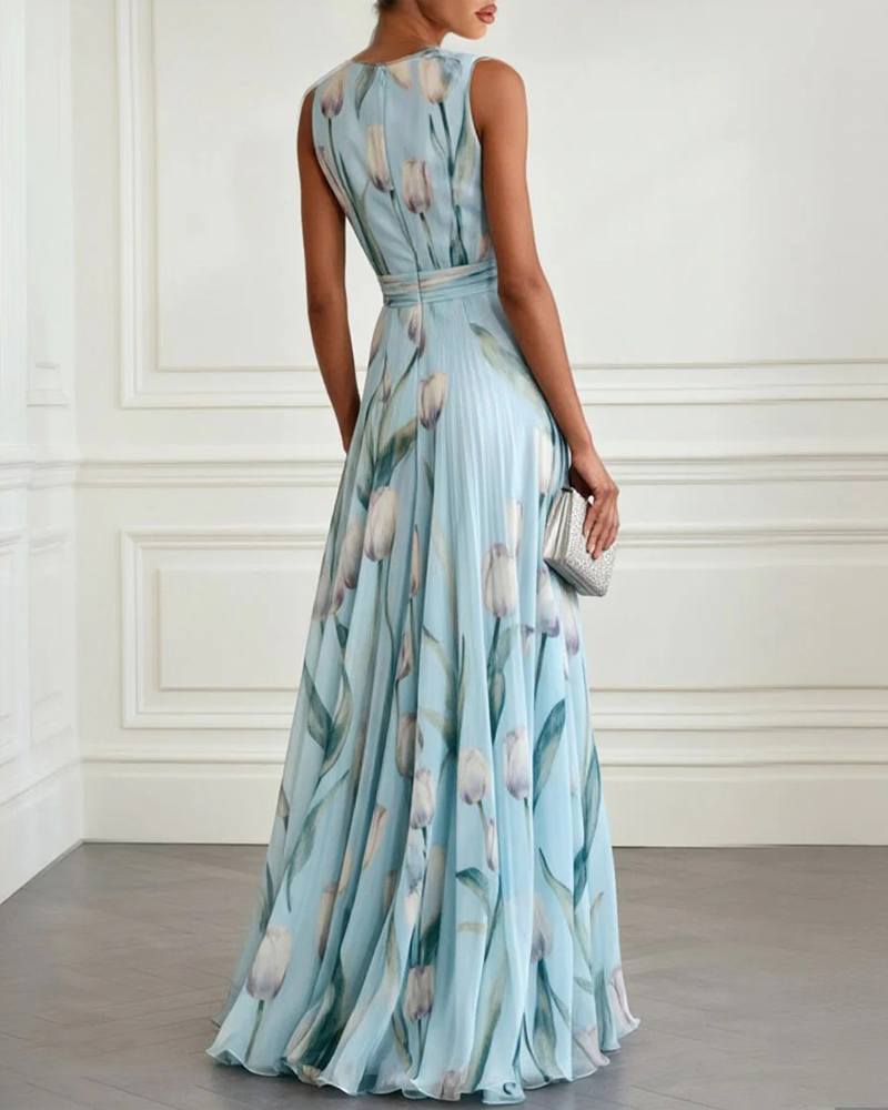 Tulip Print Chiffon Sleeveless V-Neck Maxi Dress