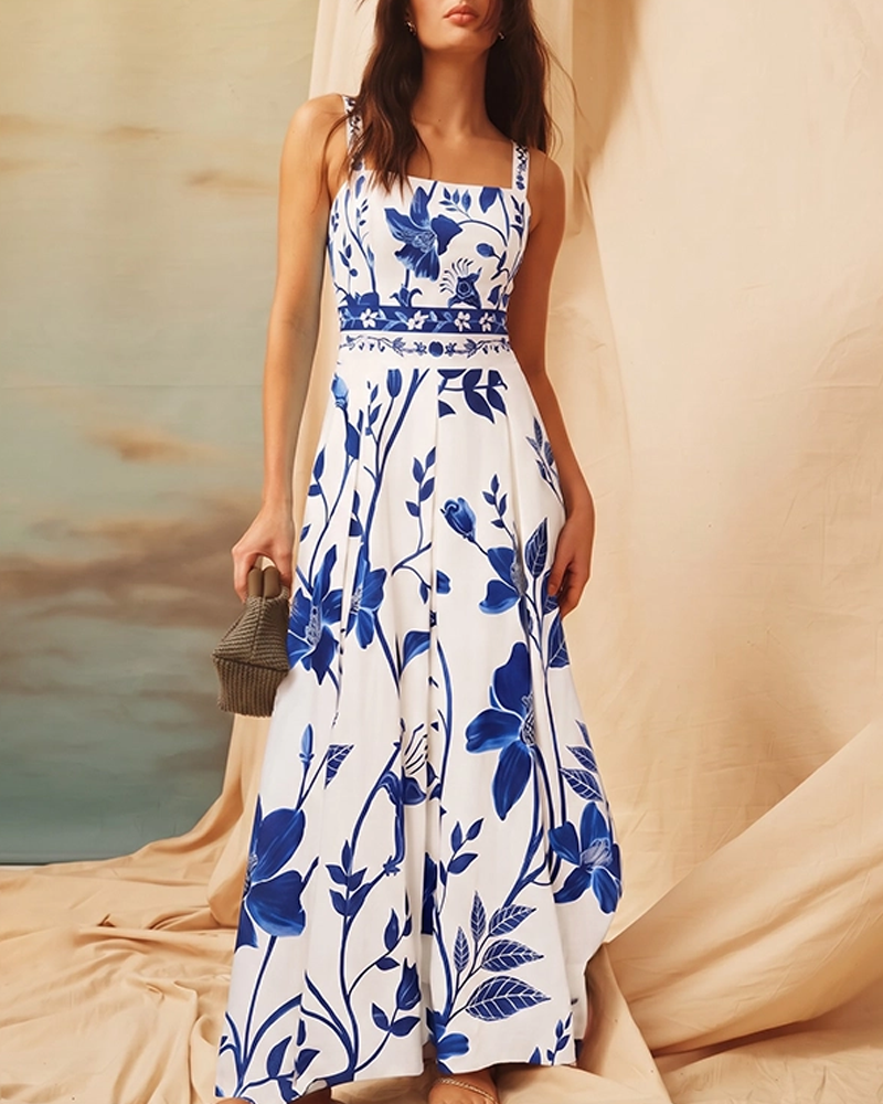 Adjustable Straps Blue & White Floral Print Swimsuit Set