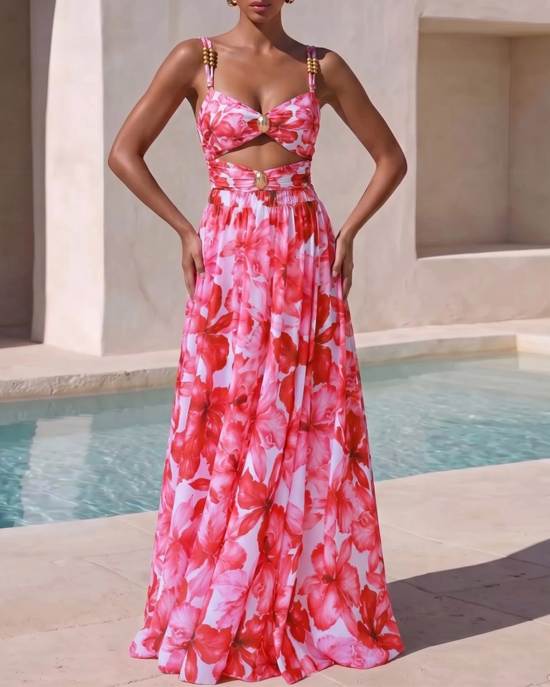 Cutout Flower Print One Piece Swimsuit and Skirt Flaxmaker