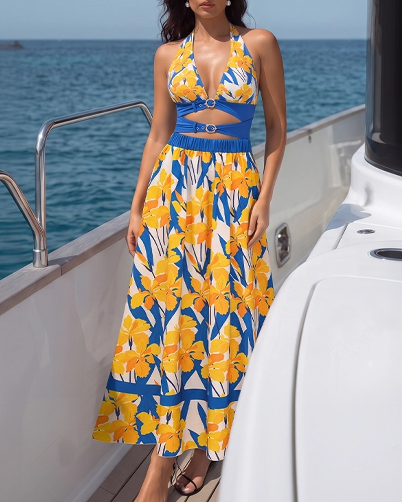 Iris Print Cut-out Swimsuit set