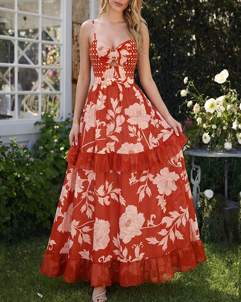 Bandeau Red Flower Print Cut Out Splicing Swimsuit Set