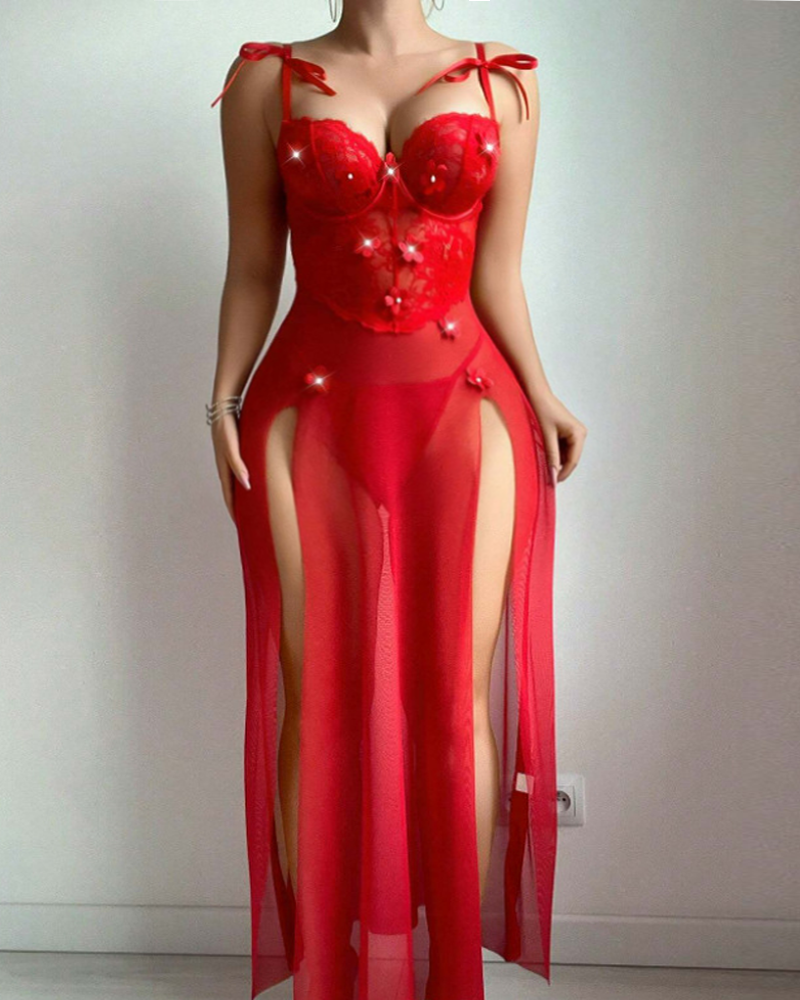 Red Floral Slip Mesh Maxi Dress