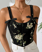 French Style Bow Lace-Up Floral Sexy Body Shaper Women's Sling Printed Slim-Fit Vest Corset