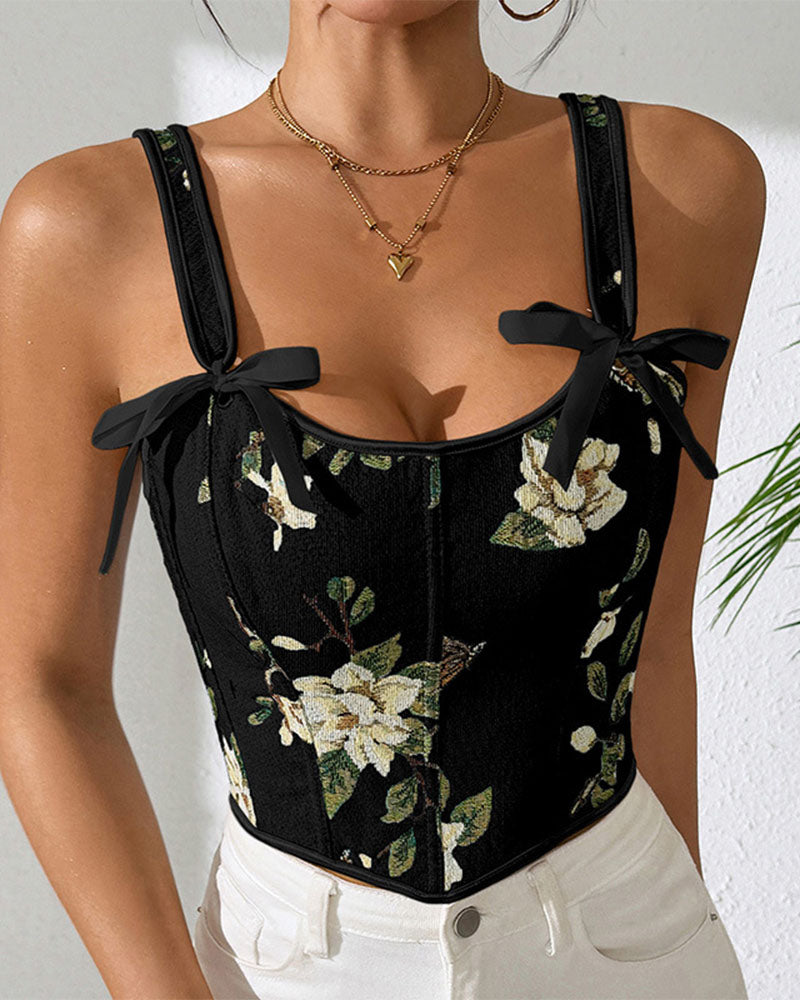 French Style Bow Lace-Up Floral Sexy Body Shaper Women's Sling Printed Slim-Fit Vest Corset