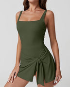 Women's Tummy-Control Square Neck Solid Color One-Piece Swimsuit