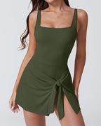 Women's Tummy-Control Square Neck Solid Color One-Piece Swimsuit