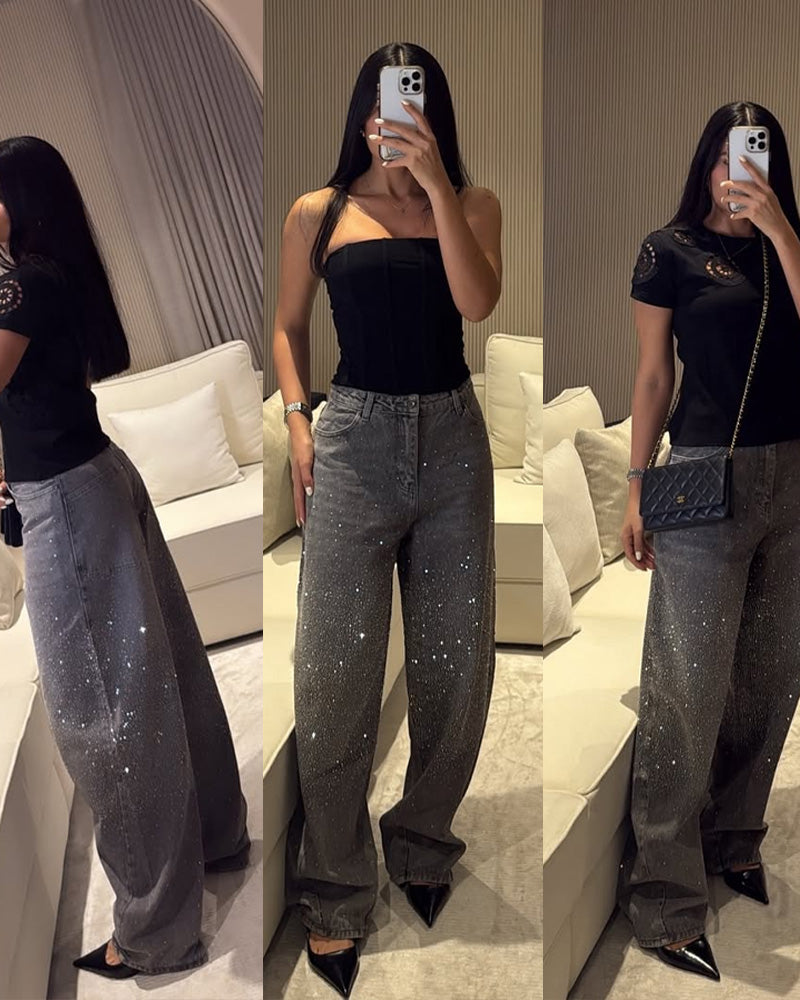Women's Rhinestone High-Rise Washed Straight Jeans