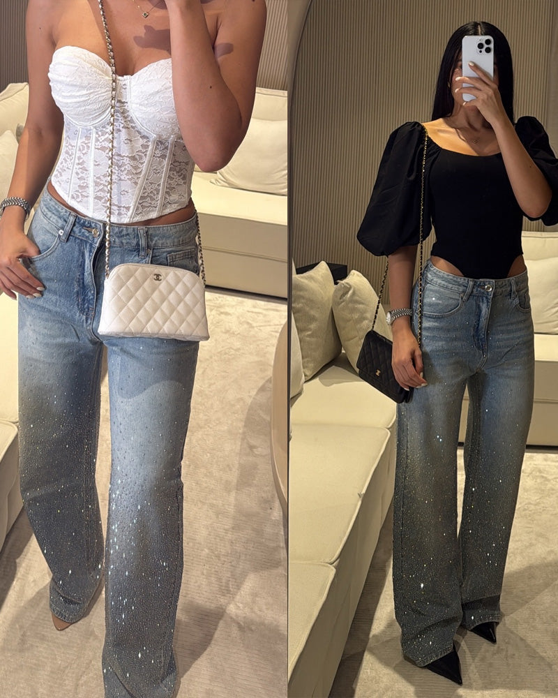 Women's Rhinestone High-Rise Washed Straight Jeans