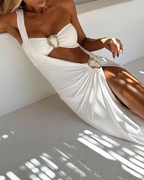 Women's Solid Beach Vacation Sexy Halter Bikini and One Shoulder Cover-up Set