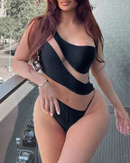 Beach Vacation Off-shoulder Transparent Mesh Colorblock Sexy One-piece Swimsuit