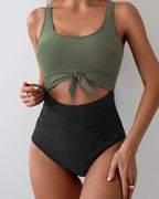 Women's Contrast Color Stitch Hollow Design Lace-Up One-Piece Swimsuit