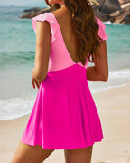 Women's Deep V Neck Ruffled Cross Skirt One-Piece Swimsuit