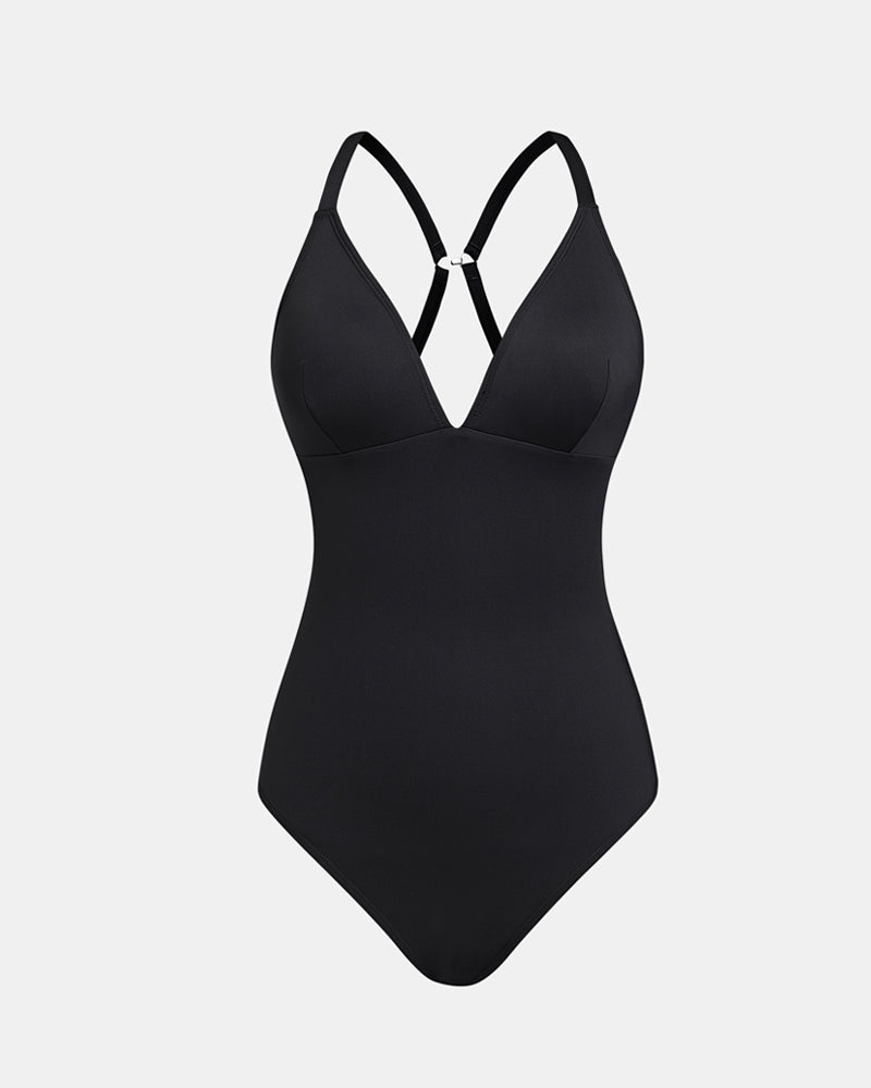 Deep V Low-Cut Slimming and Shaping Lace-Up Back Tummy-Control Adjustable Shoulder Straps One-Piece Swimsuit