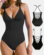 Deep V Low-Cut Slimming and Shaping Lace-Up Back Tummy-Control Adjustable Shoulder Straps One-Piece Swimsuit