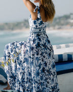 Retro Floral Colorblock Print V-Neck Lace-Up One-Piece Swimsuit and Skirt