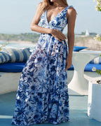 Retro Floral Colorblock Print V-Neck Lace-Up One-Piece Swimsuit and Skirt