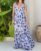 Retro Floral Colorblock Print V-Neck Lace-Up One-Piece Swimsuit and Skirt