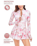Beach Vacation Print UPF50+ Ruffled Skirt Long Sleeve One-Piece Swimsuit