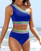 Women's One Shoulder Colorblock High Waist Bikini Set