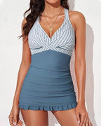 Women's V-Neck Sexy Belly-Control Backless Skirt One-Piece Swimsuit With Swimming Trunks Set