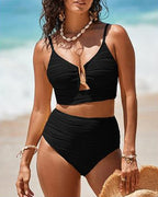 U-Shaped Underwire Hollow High Waist Textured Bikini Set