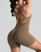 Women's Solid Color Cross Backless Adjustable Straps Sleeveless Bodycon Yoga Sports Bodysuit
