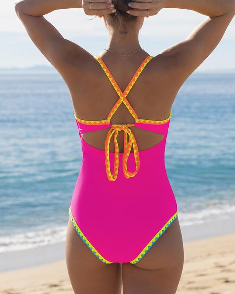 Women's Contrast Color Cross Strap Sexy Sleeveless Low Cut One-Piece Swimsuit