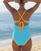 Women's Contrast Color Cross Strap Sexy Sleeveless Low Cut One-Piece Swimsuit