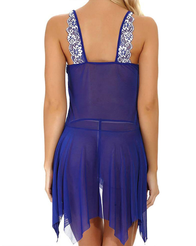 Sexy Deep V Lace Translucent Mesh Front Button Suspender Nightdress and Thong Set