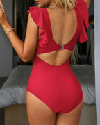 Women's Solid Color Deep V Ruffled Backless One-Piece Swimsuit