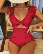 Women's Solid Color Deep V Ruffled Backless One-Piece Swimsuit