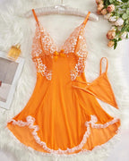 Sexy Deep V Contrast Lace Mesh Bow Decoration Suspender Nightdress (With Thong)